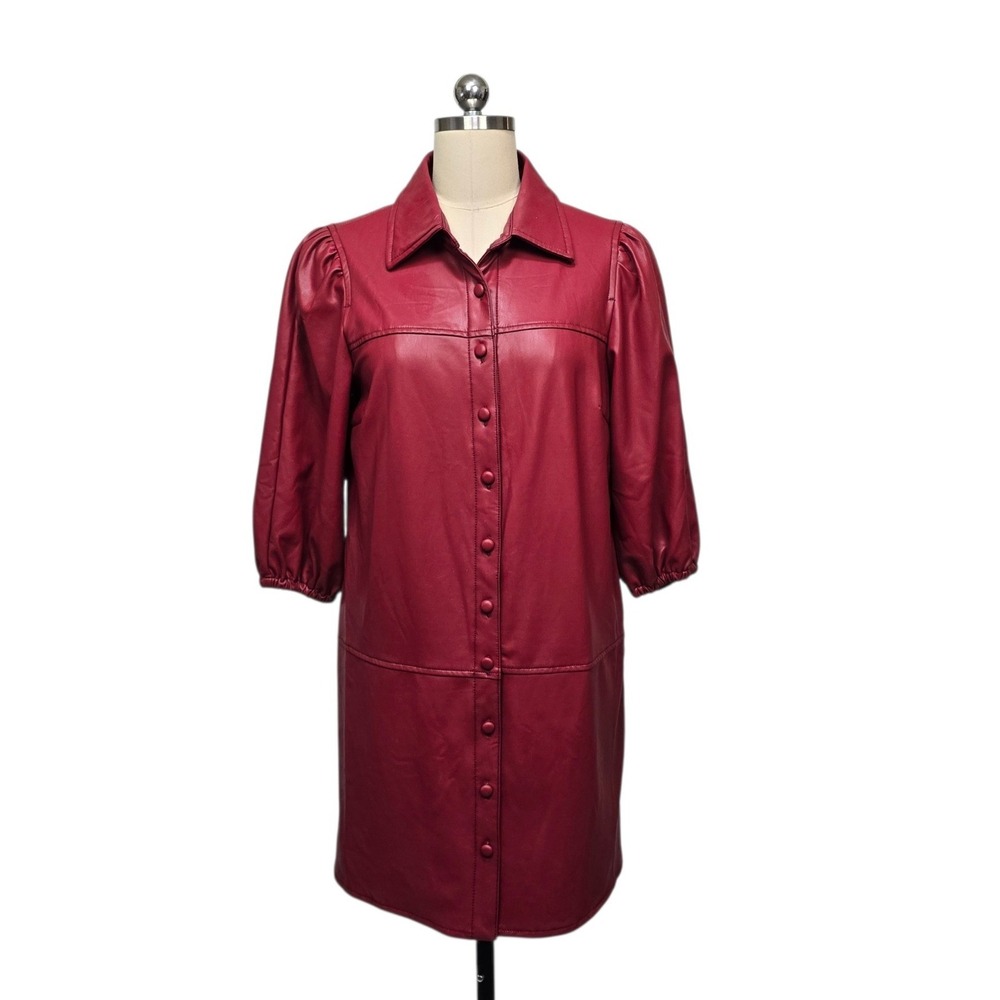 Avec Les Filles Womens Burgundy Faux Leather Puff Sleeve Button Down Dress sz SP